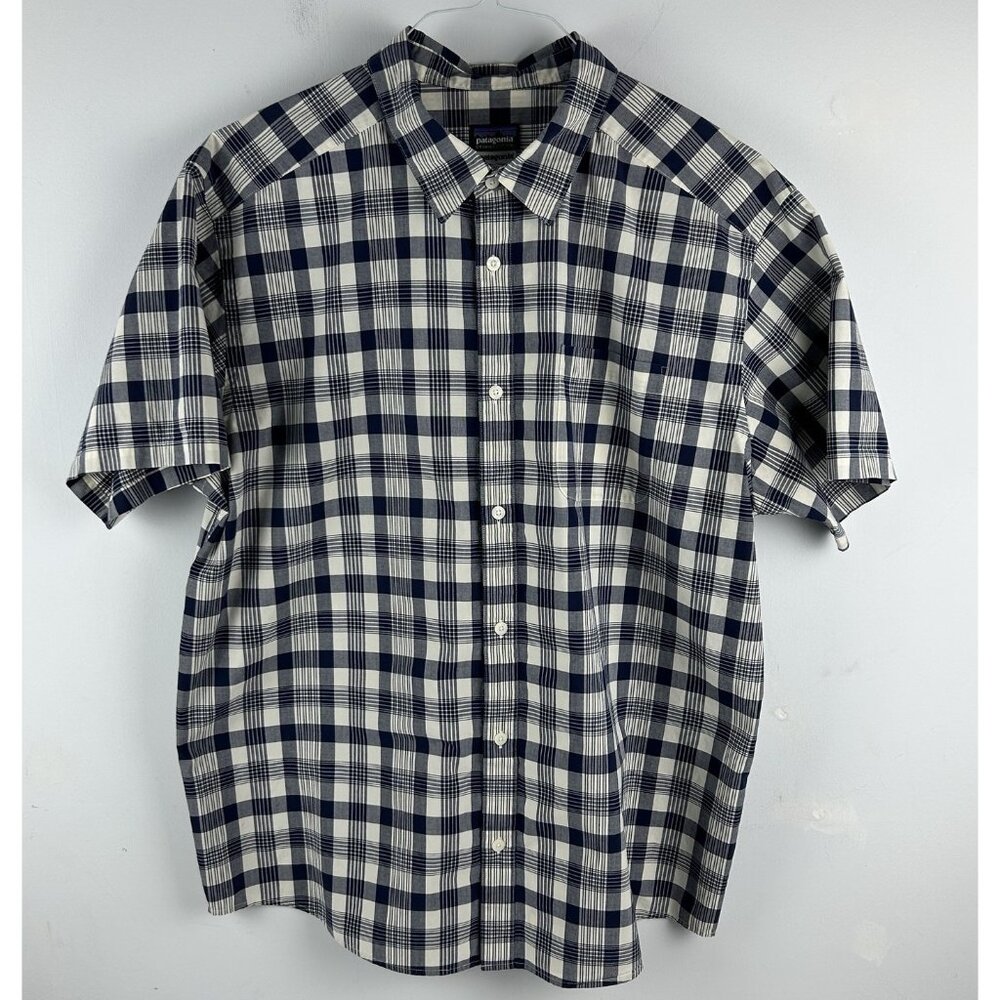 Patagonia Shirt Mens Xl Plaid Blue Organic Cotton Blend Short Sleeve Button Up